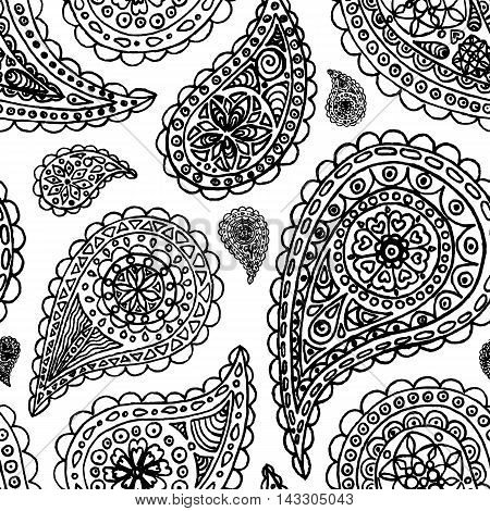 Paisley buta doodle monochrome line art seamless pattern vector