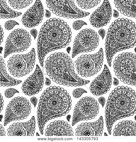 Paisley buta doodle monochrome line art seamless pattern