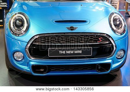 MUNICH GERMANY - 4 AUGUST 2015: The new MINI S with twinpower turbo engine presented at BMW World showroom in Munich Germany.