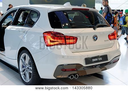 MUNICH GERMANY - 4 AUGUST 2015: BMW 125i at the BMW Welt a customer experience and exhibition facility of the BMW AG Munich Germany