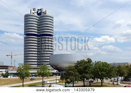 MUNICH GERMANY - 4 AUGUST 2015: BMW Headquarters and Museum. The Museum deals with the history of the automobile manufacturer BMW. It is designed by Karl Schwanzer.