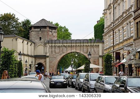 MUNICH GERMANY - 4 AUGUST 2015: Rear view of Sendlinger Tor and the begining of Sendlinger Strasse.