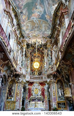 MUNICH GERMANY - AUGUST 4 2015: Interior of Asamkirche(St. Johann Nepomuk). The church was built in 1733-1746 and is considered to be one of the main representatives of the southern German Late Baroque.
