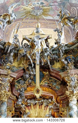 MUNICH GERMANY - AUGUST 4 2015: Interior of Asamkirche(St. Johann Nepomuk). The church was built in 1733-1746 and is considered to be one of the main representatives of the southern German Late Baroque.