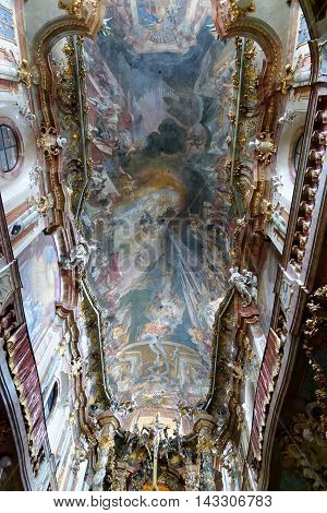 MUNICH GERMANY - AUGUST 4 2015: Interior of Asamkirche(St. Johann Nepomuk). The church was built in 1733-1746 and is considered to be one of the main representatives of southern German Late Baroque.