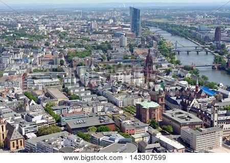 FRANKFURT AM MAIN GERMANY - AUGUST 6 2015: Aerial view of the city from the observatory deck of the Mian tower. Frankfurt is the largest financial centre in continental Europe.
