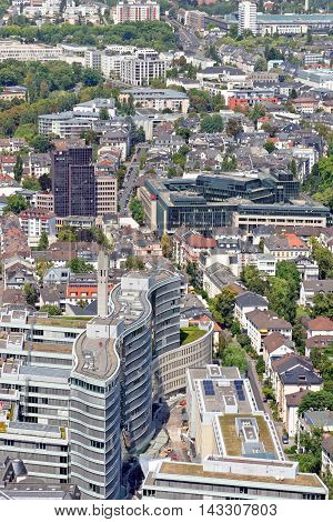FRANKFURT AM MAIN GERMANY - AUGUST 6 2015: Aerial view of the Frankfurter Welle from the observatory deck of the Mian tower skyscraper. Frankfurt is the largest financial centre in continental Europe.