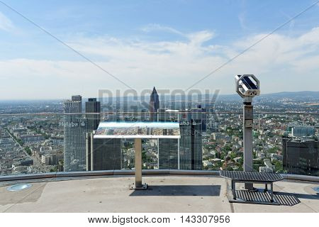 FRANKFURT AM MAIN GERMANY - AUGUST 6 2015: Aerial view of the central business district from the observatory deck of the Main tower. Frankfurt is the largest financial center in continental Europe.