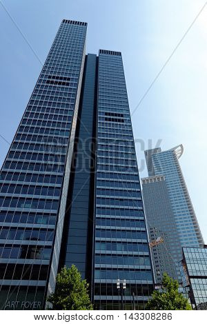 FRANKFURT AM MAIN GERMANY - AUGUST 7 2015: Tower 185 (PWC Tower) is a 55-storey 200 m skyscraper in the Gallus district of Frankfurt. It is the 4th tallest building in the city.