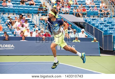 Mason Ohio - August 15 2016: David Ferrer in a first round match at the Western and Southern Open in Mason Ohio on August 15 2016.