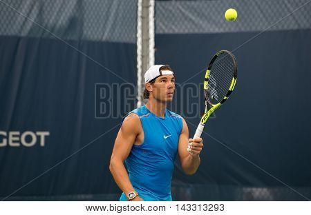Mason Ohio - August 16 2016: Rafael Nadal practices at the Western and Southern Open in Mason Ohio on August 16 2016.