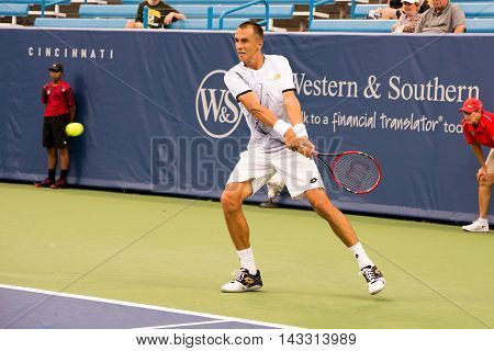 Mason Ohio - August 13 2016: Lukas Rosol in a qualifying match at the Western and Southern Open in Mason Ohio on August 13 2016.