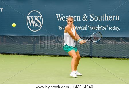 Mason Ohio - August 13 2016: Maria Sakkari in a qualifying match at the Western and Southern Open in Mason Ohio on August 13 2016.
