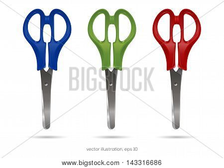 Multicolored scissors set with plastic handles on a white background vector illustration.