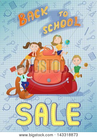 Cute kids playing on backpack. Back to school sale concept banner poster