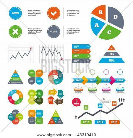 Data pie chart and graphs. Open and Close icons. Check or Tick. Delete remove signs. Yes correct and cancel symbol. Presentations diagrams. Vector
