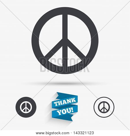 Peace sign icon. Hope symbol. Antiwar sign. Flat icons. Buttons with icons. Thank you ribbon. Vector