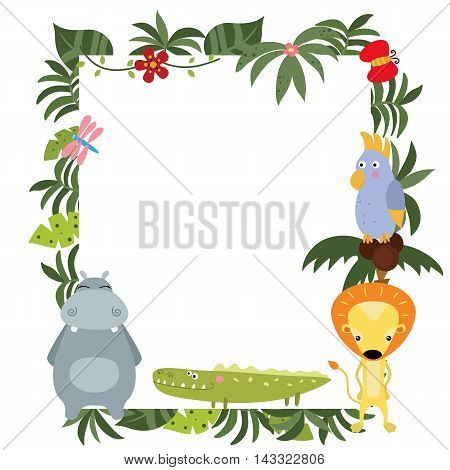 Frame with a variety of cute African animals. Funny card with empty space for text. White background.