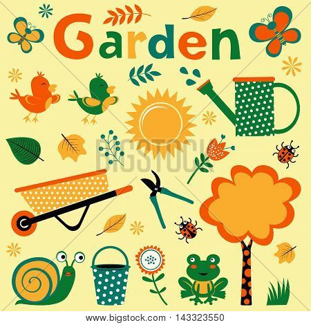 Colorful garden elements cute composition. Vector illustration