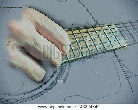 Closeup photo of an acoustic guitar played by a man. Only hands visible. Vintage painting, background illustration, beautiful picture, musical texture