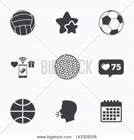 Sport balls icons. Volleyball, Basketball, Soccer and Golf signs. Team sport games. Flat talking head, calendar icons. Stars, like counter icons. Vector