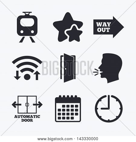 Train railway icon. Automatic door symbol. Way out arrow sign. Wifi internet, favorite stars, calendar and clock. Talking head. Vector