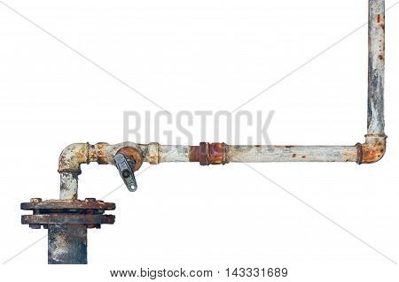 Old rusty pipes, aged weathered isolated grunge rust iron pipeline and plumbing connection joints, industrial tap fittings, faucets, valve, large detailed horizontal closeup