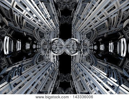 Abstract technology background - computer-generated image. 3d render - fractal illustration - metal construction and complex intricate patterns. For desktop wallpaper, web design, covers