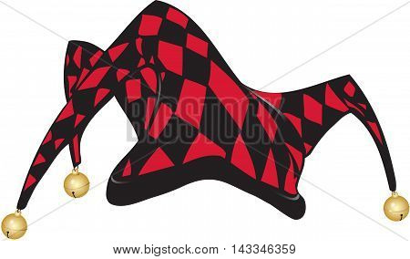 Joker's hat in black and red pattern with attached bells