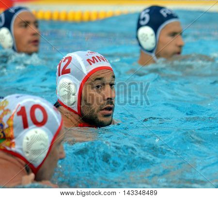 Budapest, Hungary - Jul 17, 2014. Montenegro's JOKIC Predrag (MNE, 12). The Waterpolo European Championship was held in Alfred Hajos Swimming Centre in 2014.