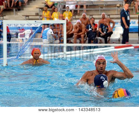 Budapest, Hungary - Jul 17, 2014. Montenegro defending against Romania. The Waterpolo European Championship was held in Alfred Hajos Swimming Centre in 2014.