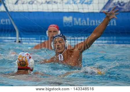 Budapest, Hungary - Jul 17, 2014. Romania defending against Montenegro. The Waterpolo European Championship was held in Alfred Hajos Swimming Centre in 2014.
