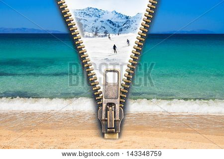 Abstract image of the change concept with summer beach view and winter ski resort split by an open zip.