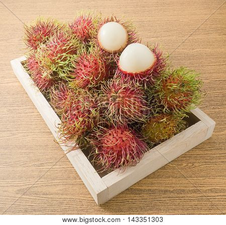Fresh Fruits Ripe and Sweet Refreshing Rambutan Served on A Wooden Tray.