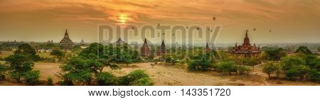 Hot air ballons over pagodas field Bagan Myanmar