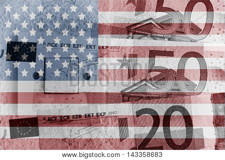 Euro banknotes, switch and USA flag - Finance concept