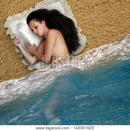 The girl sleeps on the lonely shore. The gentle waves touch her legs.