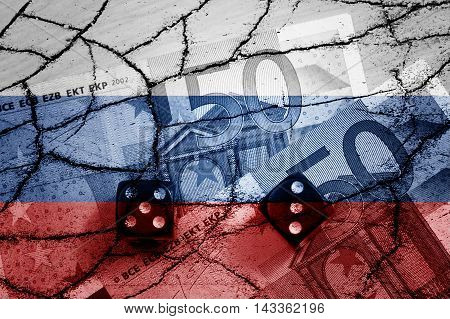 50 euros banknotes, dices, cracks and Russian flag