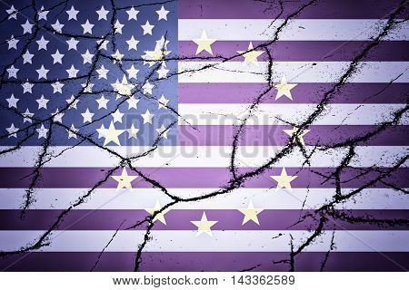 USA flag, EU flag and cracks - Politic concept