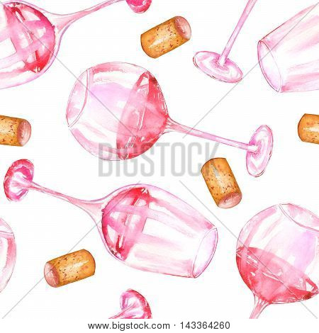 A seamless pattern with the hand-drawn glasses of red wine and the wine corks. Painted in a watercolor on a white background.