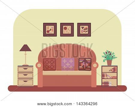 Living room interior design with modern furniture: sofa, table lamp, bookcase, pictures, drawer unit, Flat style vector illustration.