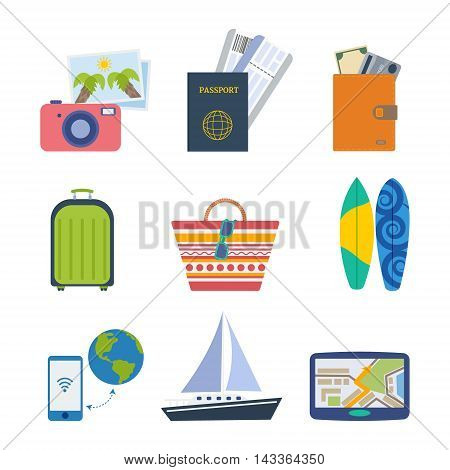 Summer icon set. Travel and vacation elements: tickets, passport, money, travel bag, beach bag, surfboard,  travel guide and others