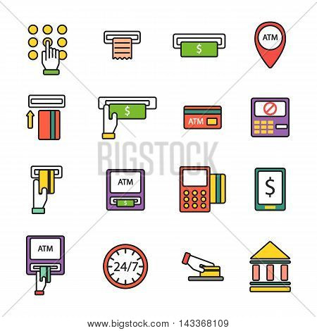 Finance atm and business vector payment card icon set. ATM icons exchange technology payment machine. Finance cash bank card atm icons credit sign banking currency symbol set.
