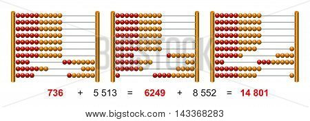 European abacus counting frame sample calculation. Calculating tool with beads sliding on wires. Used in pre- and in elementary schools as aid in teaching the numeral system and arithmetic or as toy.
