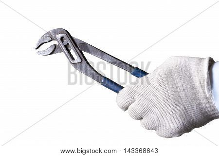 Plumbers Hand holding monkey wrench spanner isolated on white background.