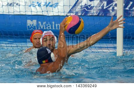 Budapest, Hungary - Jul 17, 2014. Montenegro defending against Romania. The Waterpolo European Championship was held in Alfred Hajos Swimming Centre in 2014.