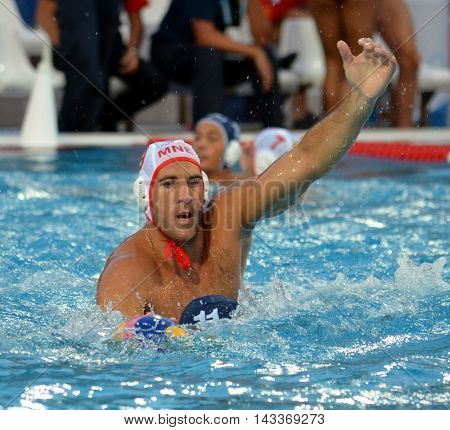 Budapest, Hungary - Jul 17, 2014. Montenegro's  IVOVIC Aleksandar (MNE, 9). The Waterpolo European Championship was held in Alfred Hajos Swimming Centre in 2014.
