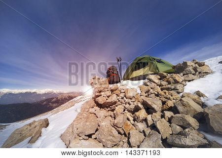 Camping on the top of the mountain in winter.
