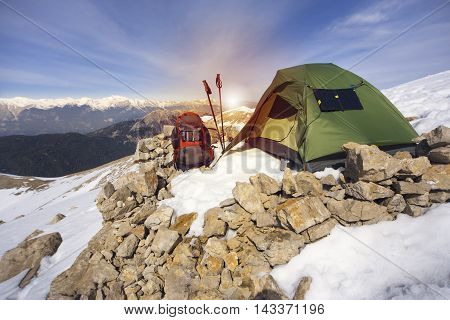 Camping on the top of the mountain in winter.