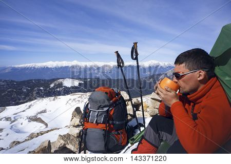 Camping on the top of the mountain in winter.